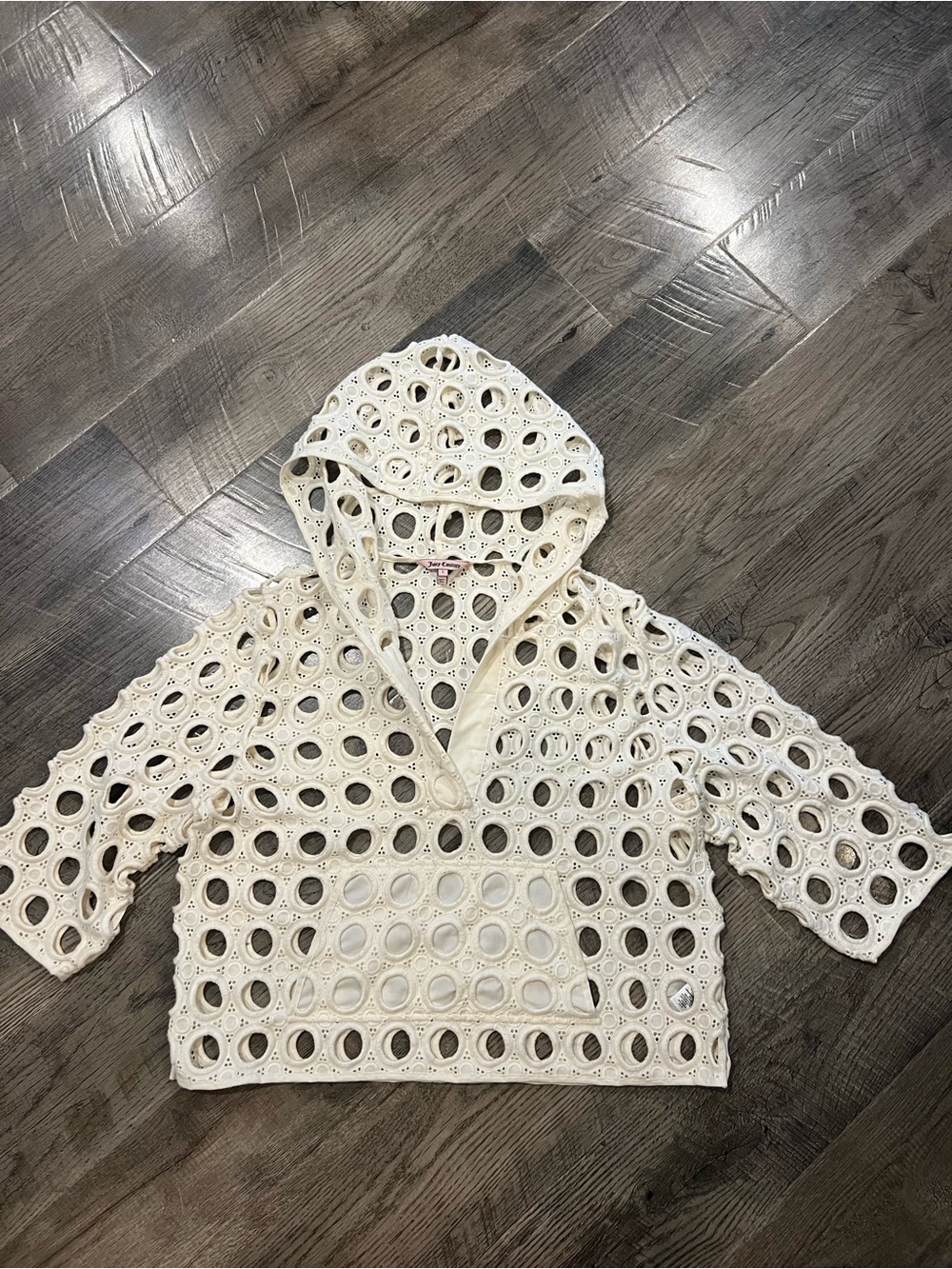 Juicy Couture Cream Crochet Hooded Pullover with Openwork Circles